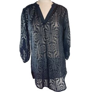 Wishful Park Sheer Black Tunic with Geometric Design Roll Tab Sleeves Sz…